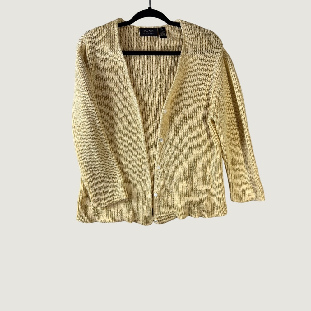Dana Buchman Yellow Cotton Shaker Knit Cardigan XL Womens V-Neck Button Sweater